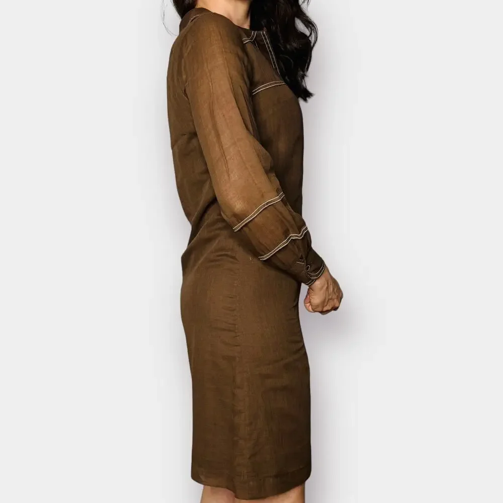 VINTAGE Brown Long Sleeve button down shirt dress Mini Coastal Cowboy Retro SZ S - Picture 4 of 8